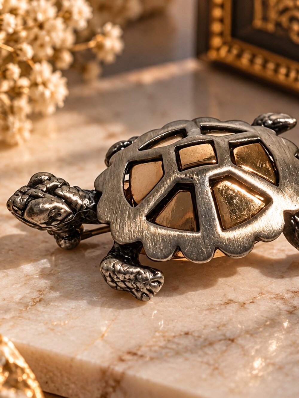 Vintage Two-Tone Pewter & Gold-Tone Turtle Brooch Pin